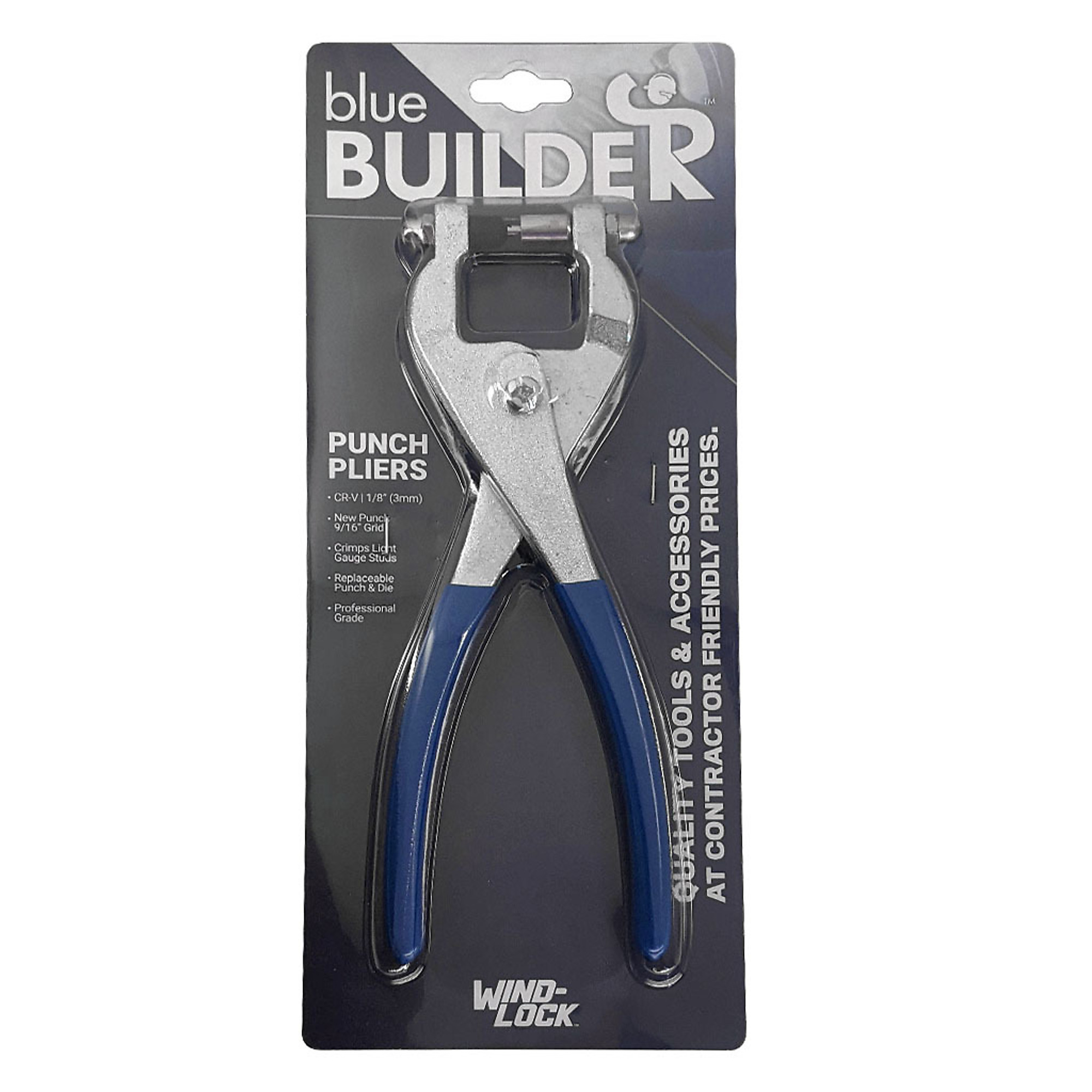 Wind-Lock Blue Builder Grid Punch Pliers — 9/16in. Grid for 1/8in. Rivets, Crimps Light Gauge Studs, Model# WL07073
